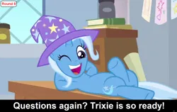 Size: 1920x1213 | Tagged: safe, derpibooru import, edit, edited screencap, screencap, trixie, pony, unicorn, comic:celestia's servant interview, a matter of principals, caption, clothes, desk, detailed background, female, hat, image, image macro, interview, lying down, mare, on back, one eye closed, png, smiley face, solo, text, trixie's hat, wink