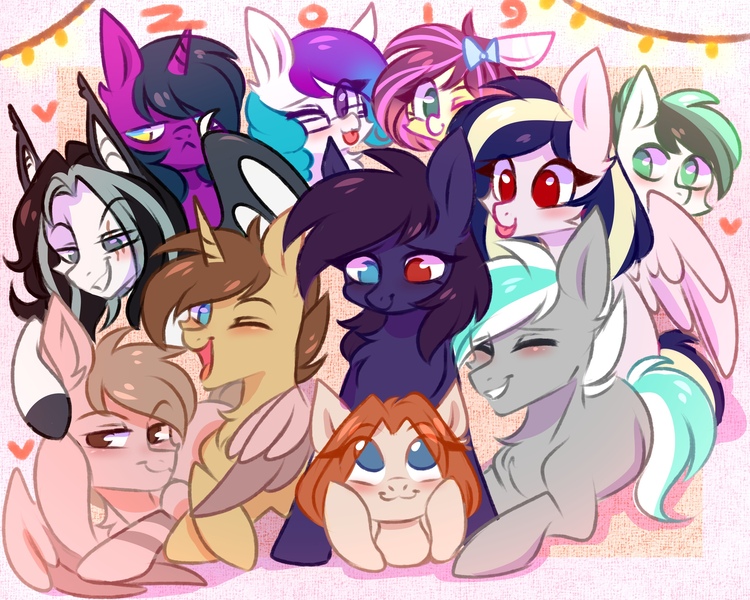 Size: 2560x2048 | Tagged: safe, artist:pesty_skillengton, derpibooru import, oc, oc:dreamer skies, oc:natea, oc:pestyskillengton, oc:rainwing, oc:silvernote, bat pony, earth pony, pegasus, pony, unicorn, heart, heterochromia, horn, image, jpeg, sketch, smiling, solo, tongue out