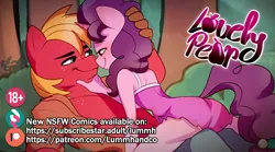 Size: 1000x556 | Tagged: suggestive, artist:chocokangoo, artist:lummh, artist:tomi_ouo, derpibooru import, big macintosh, sugar belle, anthro, earth pony, unicorn, comic:lovely pear, advertisement, breasts, clothes, duo, duo male and female, female, female on male, female on top, image, looking at each other, looking at someone, male, on top, patreon, patreon preview, png, shipping, smiling, smiling at each other, straight, subscribestar, subscribestar preview, sugarmac