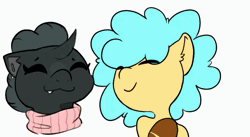 Size: 922x506 | Tagged: safe, artist:kocobunnyy, derpibooru import, oc, oc:buggs, unofficial characters only, changeling, earth pony, pony, :3, animated, duo, duo female, earth pony oc, eyes closed, fangs, female, floppy ears, gif, image, interspecies, kiss on the cheek, kissing, lesbian, mare, oc x oc, raised hoof, shipping, simple background, white background