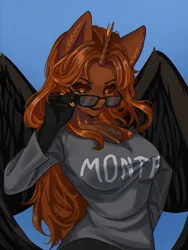 Size: 4364x5818 | Tagged: artist needed, oc name needed, source needed, safe, derpibooru import, oc, unofficial characters only, alicorn, anthro, alicorn oc, clothes, female, glasses, horn, image, jpeg, shirt, solo, wings