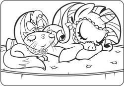 Size: 1474x1019 | Tagged: safe, derpibooru import, official, opalescence, rarity, cat, pony, unicorn, black and white, bow, collar, coloring page, curled up, cute, duo, eyes closed, female, grayscale, hair bow, image, lying down, mare, monochrome, png, prone, raribetes, sleep mask, sleeping, smiling