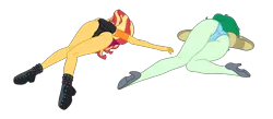 Size: 4571x1994 | Tagged: suggestive, artist:gmaplay, derpibooru import, sunset shimmer, wallflower blush, human, equestria girls, equestria girls series, forgotten friendship, ass, bent over, bunset shimmer, butt, butt freckles, clothes, defeated, face down ass up, female, freckles, high heels, image, panties, pantless, panty shot, png, shoes, simple background, sleeping, solo, stink lines, transparent background, unconscious, underwear, wallflower butt