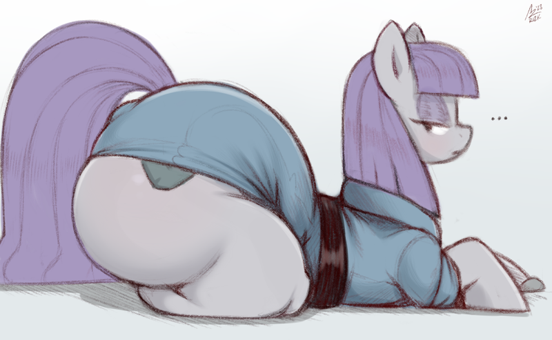 Size: 2000x1232 | Tagged: suggestive, artist:aer0 zer0, derpibooru import, maud pie, earth pony, pony, ..., boulder (g4), boulder buns, butt, clothes, dress, female, huge butt, image, large butt, looking back, lying down, mare, png, profile, prone, solo, solo female, the ass was fat, thighs, thunder thighs