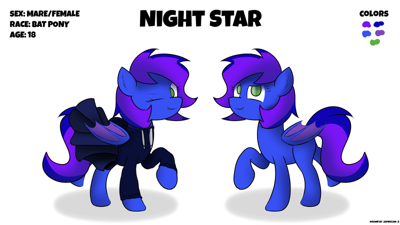 Size: 5120x2880 | Tagged: safe, artist:japkozjad, derpibooru import, oc, oc:nightstaroc, unofficial characters only, bat pony, bat pony oc, bat wings, blue fur, clothes, digital art, folded wings, green eyes, hoodie, image, looking at you, one eye closed, png, reference sheet, shading, simple background, skirt, text, white background, wings, wink, winking at you