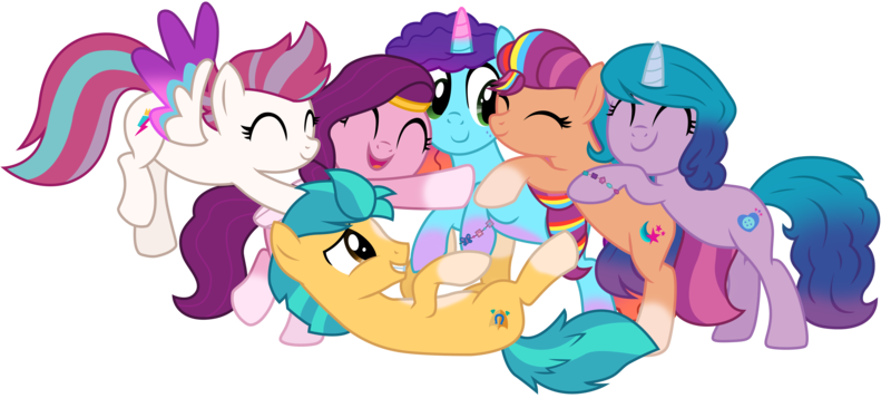 Size: 7115x3255 | Tagged: safe, alternate version, artist:ejlightning007arts, derpibooru import, edit, vector edit, hitch trailblazer, izzy moonbow, pipp petals, sunny starscout, zipp storm, earth pony, pegasus, pony, unicorn, g5, spoiler:g5, adorapipp, adorazipp, applejack (g5), bracelet, coat markings, colored horn, colored wings, cute, eyes closed, female, fluttershy (g5), freckles, g4, g5 to g4, generation leap, gradient mane, group, group hug, happy, hitchbetes, horn, hug, image, izzybetes, jewelry, lying down, male, mane five, mane six (g5), mane stripe sunny, mare, misty brightdawn, mistybetes, multicolored hair, pinkie pie (g5), png, rainbow dash (g5), rainbow hair, rarity (g5), rebirth misty, sextet, simple background, smiling, socks (coat marking), stallion, sunnybetes, tiara, transparent background, twilight sparkle (g5), vector, wings