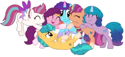 Size: 7115x3255 | Tagged: safe, alternate version, artist:ejlightning007arts, derpibooru import, edit, vector edit, hitch trailblazer, izzy moonbow, pipp petals, sunny starscout, zipp storm, earth pony, pegasus, pony, unicorn, g5, spoiler:g5, adorapipp, adorazipp, applejack (g5), bracelet, coat markings, colored horn, colored wings, cute, eyes closed, female, fluttershy (g5), freckles, g4, g5 to g4, generation leap, gradient mane, group, group hug, happy, hitchbetes, horn, hug, image, izzybetes, jewelry, lying down, male, mane five, mane six (g5), mane stripe sunny, mare, misty brightdawn, mistybetes, multicolored hair, pinkie pie (g5), png, rainbow dash (g5), rainbow hair, rarity (g5), rebirth misty, sextet, simple background, smiling, socks (coat marking), stallion, sunnybetes, tiara, transparent background, twilight sparkle (g5), vector, wings