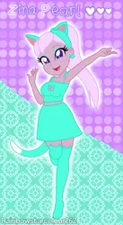 Size: 1643x2993 | Tagged: safe, artist:rainbowstarcolour262, derpibooru import, oc, oc:zina pearl, unofficial characters only, human, series:equ shadowcats, equestria girls, :d, abstract background, armpits, arms in the air, bare shoulders, boob window, breasts, cat ears, cat tail, cleavage, clothes, ear piercing, earring, eyeshadow, female, happy, image, jewelry, makeup, open mouth, open smile, piercing, png, ponytail, signature, skirt, sleeveless, smiling, socks, solo, stockings, tail, thigh highs