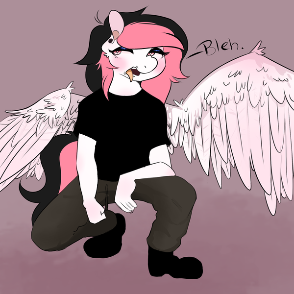 Size: 2000x2000 | Tagged: safe, artist:kocobunny, derpibooru import, oc, oc:pop rocks, unofficial characters only, pegasus, pony, blushing, clothes, eyeshadow, female, goth, image, lidded eyes, looking away, makeup, mare, open mouth, pants, pegasus oc, png, shirt, shoes, solo, spread wings, tongue out, wings