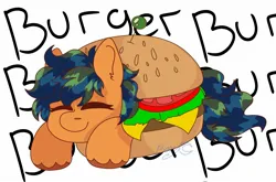 Size: 2048x1348 | Tagged: safe, artist:bluemoon, derpibooru import, oc, oc:gynngritspark, unofficial characters only, pony, burger, cute, eyes closed, female, food, image, jpeg, mare, ponies in food, simple background, smiling, solo, vtuber, white background