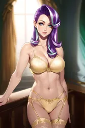 Size: 1024x1536 | Tagged: suggestive, derpibooru import, editor:sammykun, machine learning generated, starlight glimmer, human, ai content, belly button, blurry background, bra, breasts, busty starlight glimmer, choker, clothes, female, garter belt, garter straps, gold, humanized, image, indoors, lingerie, looking at you, midriff, panties, png, prompter:sammykun, reasonably sized breasts, room, seductive, sexy, socks, solo, stockings, stupid sexy starlight glimmer, sultry pose, thigh highs, underwear, wide hips