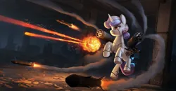 Size: 3107x1620 | Tagged: safe, artist:mrscroup, derpibooru import, sweetie belle, pony, robot, robot pony, city, commission, detailed, detailed background, explosion, image, jpeg, minigun, missile, night, red eyes, rocket launcher, ruins, shooting, smoke, solo, sweetie bot, weapon