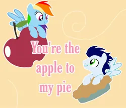 Size: 2016x1737 | Tagged: safe, artist:mlplary6, derpibooru import, rainbow dash, soarin', pegasus, pony, apple, apple pie, boyfriend and girlfriend, female, food, image, jpeg, looking at each other, looking at someone, love, male, mare, pie, shipping, smiling, smiling at each other, soarindash, stallion, straight, text
