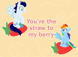 Size: 2198x1607 | Tagged: safe, artist:mlplary6, derpibooru import, rainbow dash, soarin', pegasus, pony, boyfriend and girlfriend, female, food, image, jpeg, looking at each other, looking at someone, love, male, mare, shipping, sitting, smiling, smiling at each other, soarindash, stallion, straight, strawberry, text