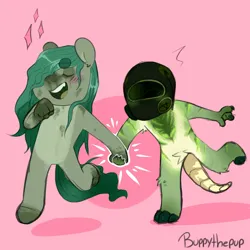 Size: 2000x2000 | Tagged: safe, artist:kocobunny, derpibooru import, oc, oc:slab, anthro, earth pony, blush lines, blushing, duo, earth pony oc, emanata, eyes closed, furry, furry oc, gas mask, hair over one eye, holding hands, image, jpeg, male, mask, non-mlp oc, open mouth, open smile, signature, smiling, sparkles, tail, walking