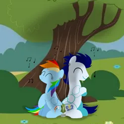 Size: 1400x1400 | Tagged: safe, artist:mlplary6, derpibooru import, rainbow dash, soarin', pegasus, pony, boyfriend and girlfriend, eyes closed, female, image, listening to music, male, mare, mp3 player, music notes, png, shipping, sitting, smiling, soarindash, stallion, straight, tree