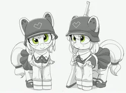 Size: 3454x2559 | Tagged: safe, artist:pabbley, derpibooru import, oc, unofficial characters only, earth pony, pony, clothes, cute, female, grayscale, gun, helmet, image, jpeg, looking at you, maid, mare, monochrome, partial color, rifle, simple background, smiling, smiling at you, weapon, white background