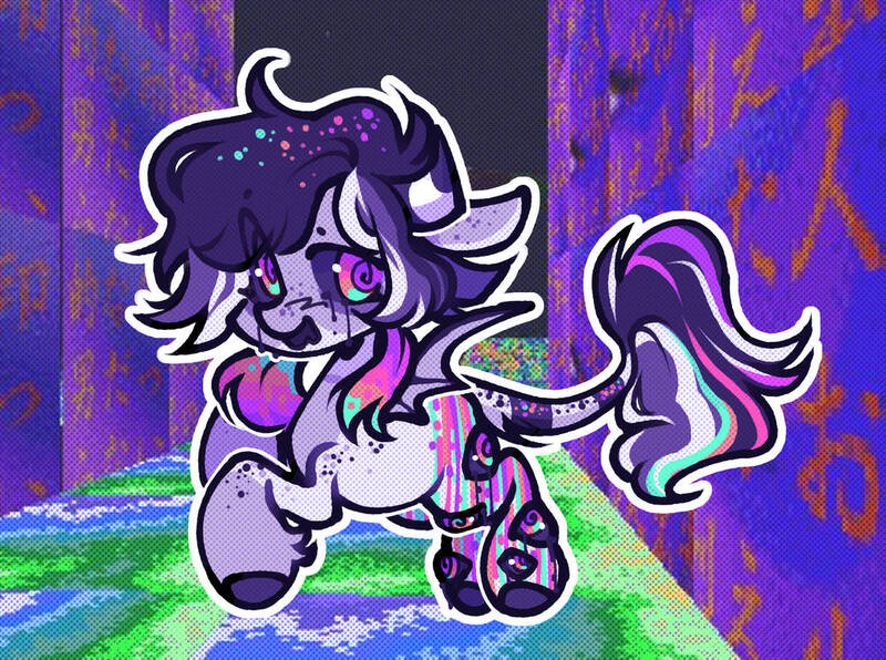 Size: 1036x772 | Tagged: safe, artist:grubbrains, artist:grubgruel, oc, unofficial characters only, bat pony, pony, abstract background, alternate design, ambiguous gender, chibi, colored hooves, eye, eyes, horns, image, jpeg, leonine tail, solo, twitterina design