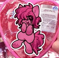 Size: 822x806 | Tagged: semi-grimdark, artist:grubbrains, artist:grubgruel, oc, unofficial characters only, earth pony, pony, black sclera, female, image, jpeg, looking at you, meat, solo, white outline