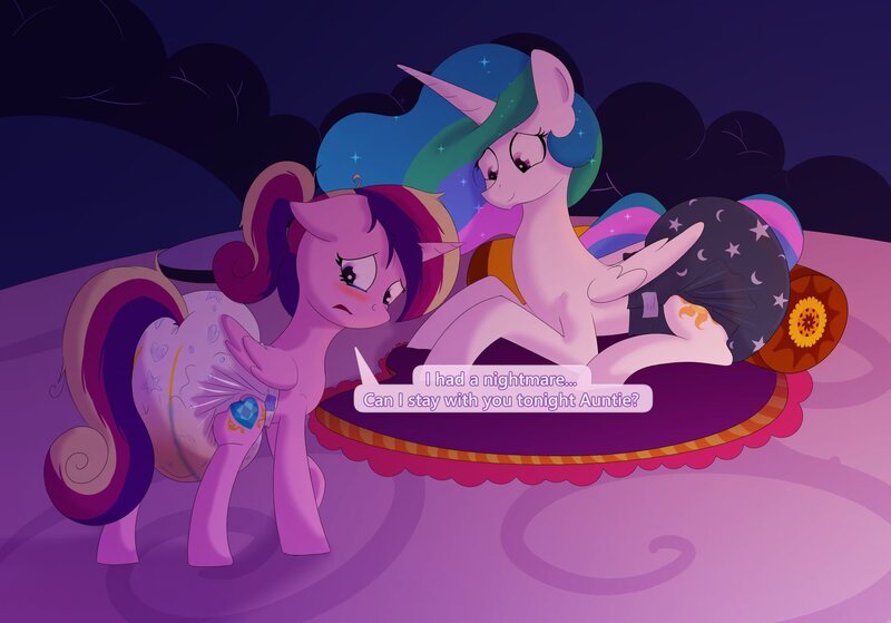 Size: 1831x1280 | Tagged: suggestive, artist:zalakir, ponerpics import, ponybooru import, princess cadance, princess celestia, pony, dialogue, diaper, female, filly, foal, image, jpeg, urine