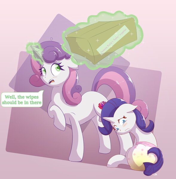 Size: 1280x1304 | Tagged: suggestive, artist:zalakir, ponerpics import, ponybooru import, rarity, sweetie belle, pony, diaper, female, filly, foal, image, jpeg, urine