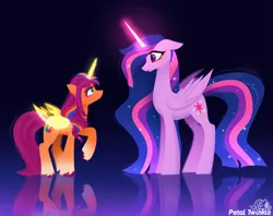 Size: 2048x1620 | Tagged: safe, artist:petaltwinkle, derpibooru import, princess twilight 2.0, sunny starscout, twilight sparkle, twilight sparkle (alicorn), alicorn, earth pony, pony, g5, my little pony: a new generation, the last problem, duo, ethereal mane, female, glow, glowing horn, gradient background, height difference, horn, image, jpeg, looking at each other, looking at someone, mare, older, older twilight, race swap, raised hoof, reflection, signature, starry mane, sunny and her heroine, sunnycorn