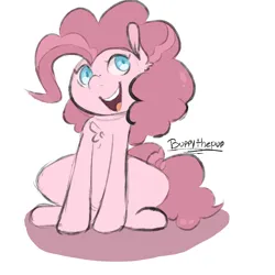 Size: 1300x1300 | Tagged: safe, artist:kocobunny, derpibooru import, pinkie pie, earth pony, pony, chest fluff, female, g4, image, looking up, mare, open mouth, open smile, png, signature, simple background, sitting, smiling, white background