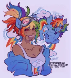 Size: 1099x1200 | Tagged: safe, artist:ghuoulish, derpibooru import, rainbow dash, human, pegasus, pony, breasts, cleavage, clothes, eared humanization, four ears, goggles, goggles on head, hoodie, humanized, image, jpeg, tanktop