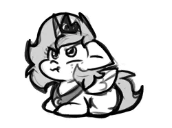 Size: 1070x801 | Tagged: safe, artist:zutcha, derpibooru import, princess luna, alicorn, pony, black and white, cute, female, filly, foal, freckles, frown, grayscale, grumpy, image, looking up, lunabetes, lying down, monochrome, png, ponyloaf, prone, simple background, sketch, solo, white background, woona, younger