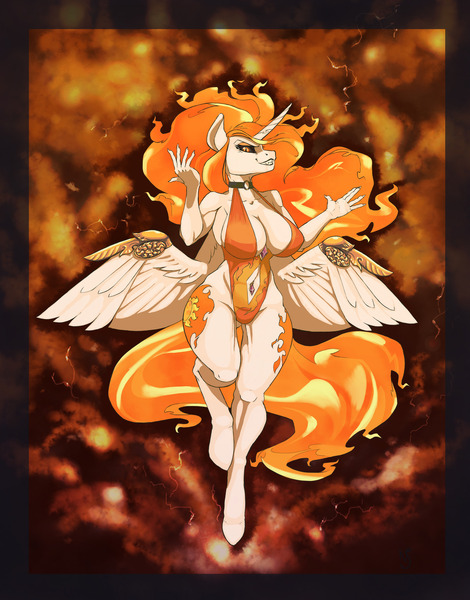 Size: 1292x1649 | Tagged: safe, artist:skrapbox, derpibooru import, daybreaker, alicorn, anthro, pony, unguligrade anthro, absolute cleavage, armor, belly button, big breasts, breasts, busty daybreaker, cleavage, clothes, colored, female, grin, image, jpeg, looking at you, mare, one-piece swimsuit, smiling, smiling at you, solo, solo female, swimsuit, wide hips, wing armor, wings