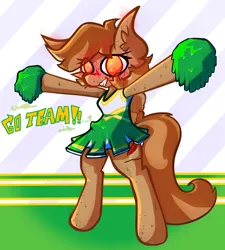 Size: 3558x3954 | Tagged: safe, artist:foxtrnal, derpibooru import, oc, oc:amber wings, unofficial characters only, pegasus, semi-anthro, amber eyes, blushing, brown mane, cheerleader, cheerleader outfit, clothes, image, male, png, solo, sweat, sweatdrop, text