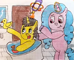 Size: 3641x2982 | Tagged: safe, artist:bitter sweetness, derpibooru import, izzy moonbow, oc, oc:bitter sweetness, unofficial characters only, unicorn, g5, abdl, adult foal, bathroom, bathtub, diaper, door, female, glow, glowing horn, graph paper, green eyes, hooves, horn, image, magic, male, mirror, non-baby in diaper, open mouth, open smile, pink eyes, png, rubber duck, shampoo, smiling, telekinesis, traditional art, unicorn oc, washbasin, water