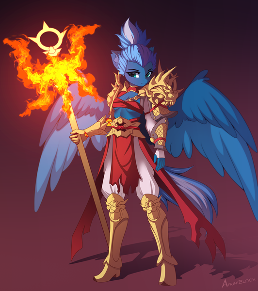 Size: 1907x2149 | Tagged: safe, artist:airiniblock, derpibooru import, oc, oc:vivid tone, unofficial characters only, anthro, pegasus, anthro oc, armor, dark background, eyebrows, fire, gradient background, high res, image, magic staff, pauldron, pegasus oc, png, rcf community, shadow, signature, solo, wings