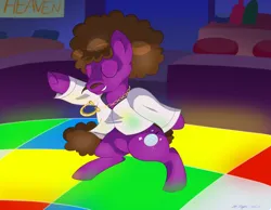 Size: 1620x1260 | Tagged: safe, artist:necrofeline, derpibooru import, oc, oc:boogie hooves, unofficial characters only, earth pony, pony, series:boogie to the max, 1970s, chain necklace, checkered floor, clothes, club, counter, dancing, disco, earth pony oc, horseshoe (single), image, jewelry, male, png, ponysona, seat, smiling, solo, suit, table, this will end in weight gain, weight gain sequence