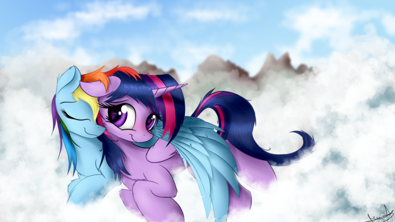 Size: 1920x1080 | Tagged: safe, artist:aurelleah, derpibooru import, rainbow dash, twilight sparkle, twilight sparkle (alicorn), alicorn, pegasus, pony, cloud, duo, duo female, eyebrows, eyes closed, female, floppy ears, folded wings, horn, hug, image, lesbian, lying down, mare, on a cloud, png, prone, shipping, signature, sky, smiling, snuggling, spread wings, twidash, winghug, wings