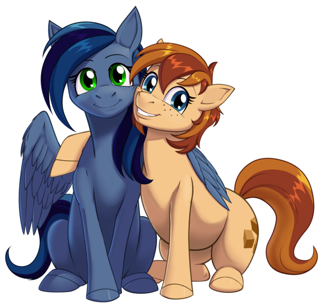 Size: 2500x2375 | Tagged: safe, artist:a0iisa, ponerpics import, ponybooru import, oc, oc:toffee bun, oc:wish night, unofficial characters only, earth pony, pegasus, pony, blue coat, blue eyes, blue mane, brown mane, cheek to cheek, duo, duo female, earth pony oc, female, females only, freckles, green eyes, grin, image, looking at you, looking back, looking back at you, mare, pegasus oc, png, ponybooru collab 2023, simple background, smiling, tan coat, transparent background, wings