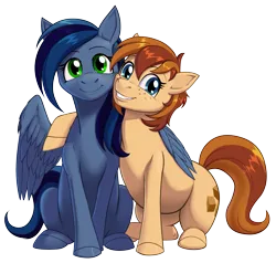Size: 2500x2375 | Tagged: safe, artist:a0iisa, ponerpics import, ponybooru import, oc, oc:toffee bun, oc:wish night, unofficial characters only, earth pony, pegasus, pony, blue coat, blue eyes, blue mane, brown mane, cheek to cheek, duo, duo female, earth pony oc, female, females only, freckles, green eyes, grin, image, looking at you, looking back, looking back at you, mare, pegasus oc, png, ponybooru collab 2023, simple background, smiling, tan coat, transparent background, wings