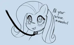 Size: 1188x721 | Tagged: suggestive, artist:ferrissimulator, derpibooru import, fluttershy, pegasus, pony, blue background, blushing, collar, female, femsub, flutterpet, fluttersub, image, leash, mare, monochrome, offscreen character, open mouth, open smile, pet play, png, pony pet, simple background, smiling, submissive, talking to viewer