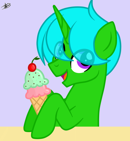 Size: 3392x3687 | Tagged: safe, artist:darkmoonsilver, derpibooru import, oc, oc:green byte, pony, unicorn, commission, food, ice cream, image, jpeg, male, stallion, ych result