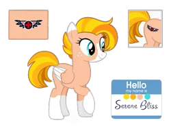 Size: 955x717 | Tagged: safe, artist:firehearttheinferno, derpibooru import, oc, pegasus, pony, fallout equestria, blaze (coat marking), blue eyes, coat markings, color palette, colored wings, cute, cutie mark, digital art, eyelashes, facial markings, fallout equestria oc, fanfic art, female, freckles, image, mare, medic, medical officer, multicolored hair, multicolored mane, multicolored tail, name tag, orange mane, orange tail, pegasus oc, png, reference sheet, shadowbolts, smiling, socks (coat marking), solo, tail, wings, yellow mane, yellow tail