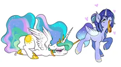 Size: 3417x1881 | Tagged: safe, artist:opalacorn, derpibooru import, princess celestia, oc, oc:asteria, alicorn, pony, unicorn, artificial wings, augmented, celestia is not amused, collar, commission, duo, eyes closed, face down ass up, female, heart, image, jpeg, leash, magic, magic wings, mare, mouth hold, pulling, simple background, smiling, unamused, white background, wings