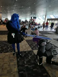 Size: 3024x4032 | Tagged: safe, derpibooru import, princess luna, oc, oc:darkaito, bronycon, bronycon 2019, image, jpeg, kneeling, knight, lunar knight