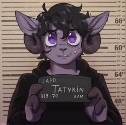 Size: 2650x2631 | Tagged: safe, artist:helemaranth, derpibooru import, oc, unofficial characters only, anthro, goat, barbie mugshot meme, image, jpeg, meme, mugshot