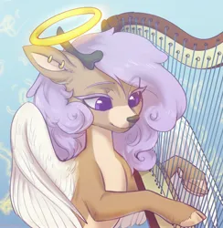 Size: 3440x3528 | Tagged: safe, artist:helemaranth, derpibooru import, oc, unofficial characters only, deer, angel, angelic wings, cloven hooves, dexterous hooves, halo, harp, image, jpeg, musical instrument, solo, wings