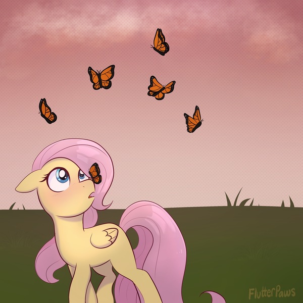 Size: 3000x3000 | Tagged: safe, artist:flutterpawss, derpibooru import, fluttershy, butterfly, insect, pegasus, pony, blank flank, blushing, butterfly on nose, cute, female, filly, filly fluttershy, high res, image, insect on nose, jpeg, looking up, mare, shyabetes, solo, younger