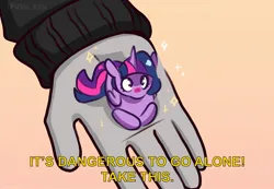 Size: 1904x1321 | Tagged: safe, artist:lrusu, derpibooru import, twilight sparkle, twilight sparkle (alicorn), alicorn, pony, blushing, caption, hand, holding a pony, image, in goliath's palm, it's dangerous to go alone, jpeg, lying down, ponyloaf, prone, size difference, sparkles, text