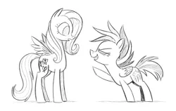Size: 1010x639 | Tagged: safe, artist:mellodillo, derpibooru import, fluttershy, rainbow dash, pegasus, pony, duo, female, filly, filly fluttershy, filly rainbow dash, grayscale, height difference, image, looking at each other, looking at someone, monochrome, png, pointing, simple background, smoldash, tallershy, white background, younger