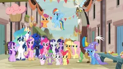 Size: 1920x1080 | Tagged: safe, derpibooru import, edit, edited screencap, editor:incredibubbleirishguy, screencap, apple bloom, applejack, discord, fluttershy, pinkie pie, princess cadance, princess celestia, princess flurry heart, princess luna, rainbow dash, rarity, scootaloo, shining armor, spike, sweetie belle, twilight sparkle, twilight sparkle (alicorn), alicorn, draconequus, dragon, earth pony, pegasus, pony, unicorn, to where and back again, 1000 years in photoshop, alicorn pentarchy, alternate scenario, crown, cutie mark crusaders, female, filly, foal, group, group photo, group picture, group shot, happy, image, jewelry, looking at camera, looking at you, male, mane seven, mane six, our town, png, princess, regalia, royalty, scootaloo can fly, smiling, stallion, starlight's village, tiara, winged spike, wings