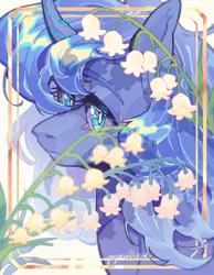 Size: 2100x2700 | Tagged: safe, artist:yuyusunshine, derpibooru import, princess luna, pony, bust, flower, image, png, portrait, solo