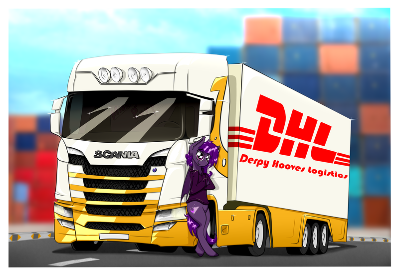 Size: 6237x4297 | Tagged: safe, artist:bumskuchen, derpibooru import, oc, oc:midnight purple, bat pony, pony, bipedal, image, png, scania, solo, truck, vehicle